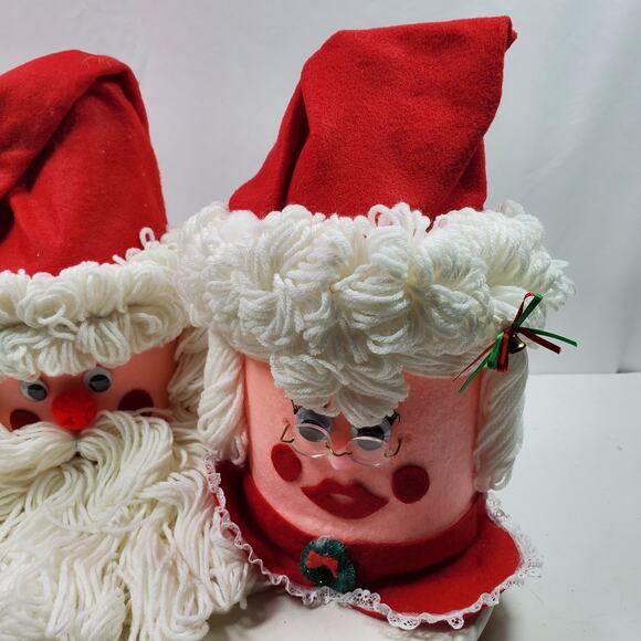 Vintage Santa & Mrs Claus Face Head Yarn Beard Christmas Handmade Shelf Sitters - Picture 2 of 11